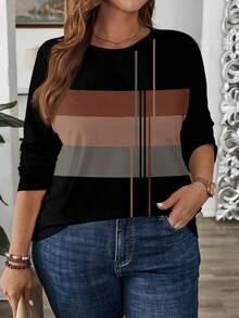 EMERY ROSE 大码女式休闲条纹全印花长袖 T 恤，适合秋冬季