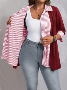 EMERY ROSE Plus Size Women Striped Patchwork 3/4 Sleeve Casual Shirt/ Winter Women's Winter Coat  Stylish Clothing Collection - Red - View 6