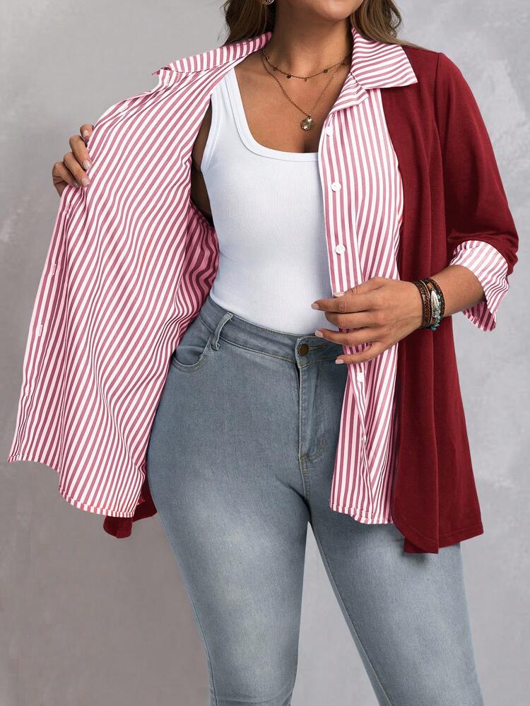 Plus Size Women Striped Patchwork 3/4 Sleeve Casual Shirt/ Winter Women's Winter Coat  Stylish Clothing Collection
