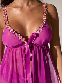 SHEIN BAE Ladies' Solid Color Simple Daily Wear Cami Sexy Lingerie Dress - Purple - View 7