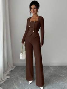 Elenzga Women Dark Brown 2 Pieces Set,Elegant Double-Breasted Fitted Blazer & High Waist Straight Leg Pants,Fall Winter Birthday Party Commuter Style Outfits - Brown - View 6