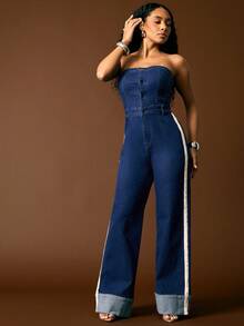 Vixey Casual, Contrast Trim Strapless Front Button Up Stretch Denim Wide Leg Jumpsuit - Medium Wash - View 1