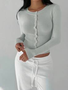 FavEase Áo khoác cardigan nữ dáng ôm cài nút phía trước màu trơn, đa năng - Xám - Xem 8