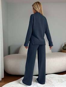 EURMUSE 2pcs Women Sets - Stand Collar Drop Shoulder Long Sleeve Sweater And Long Pants, Casual - Teal Blue - View 2