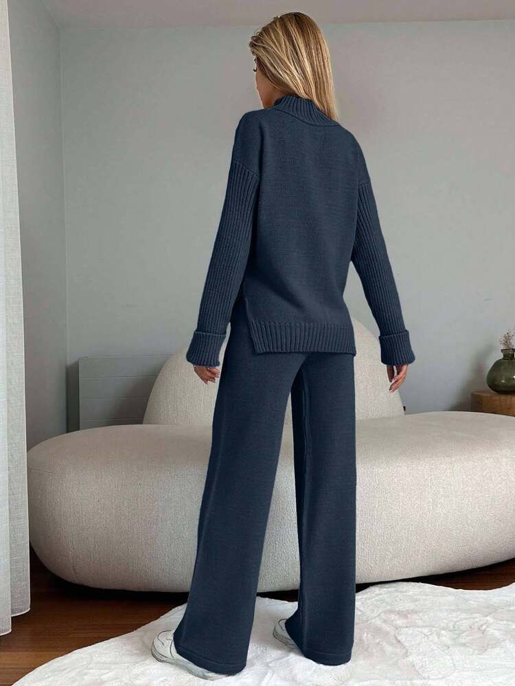 EURMUSE 2 件套女士套装 - 立领落肩长袖毛衣和长裤，休闲 - 水鴨藍 - 查看 2
