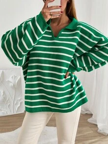 EURMUSE Plus Size Striped Pullover Sweater, Minimalist Style, Suitable For Summer - Green - View 6