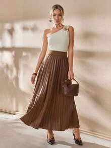 CLARA VERO 女士素色高腰百褶优雅半身裙 - 摩卡棕 - 查看 5