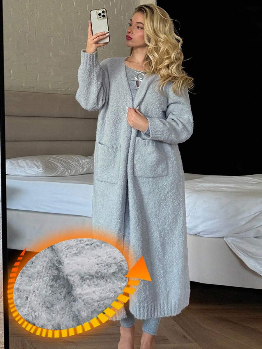 DAZY 女士宽松长款针织睡袍，简约设计，冬季睡衣，舒适保暖 - 淺灰色 - 查看 1