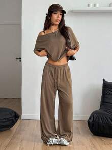 Coolane Trang phục dạo phố tối giản mùa hè dành cho nữ Trang phục cơ bản hàng ngày Đi chơi thể thao Áo phông trễ vai thoải mái và quần dài ống rộng Bộ đồ hai mảnh - màu nâu - Xem 3