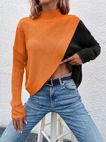 EMERY ROSE Women's Autumn/Winter Contrast Color Asymmetric Hem Stand Collar Casual Sweater - Multicolor - View 4