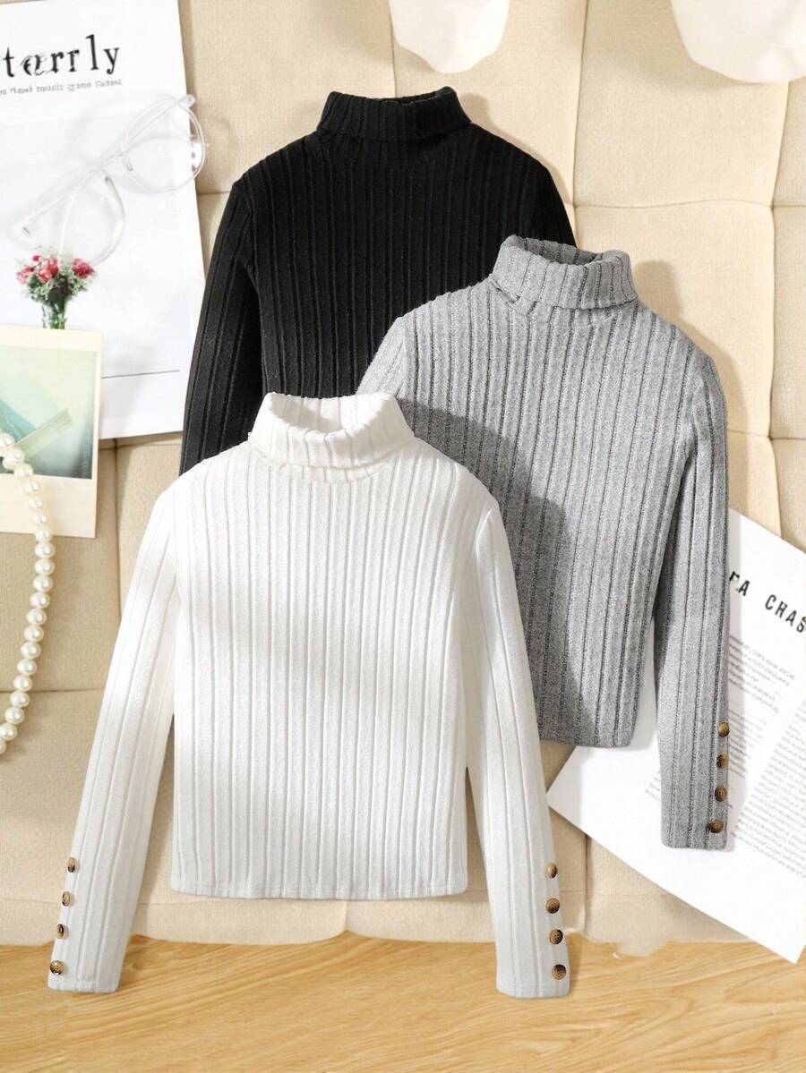 SHEIN 3pcs Tween Girls' Basic Fold-Over Collar Long Sleeve Ribbed Knit Button Decor Fitted T-Shirts, Black/White/Gray, Autumn/Winter Fall - Multicolor - View 1