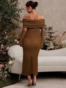MaterniChic Elegant Party Solid Color Off Shoulder Flare Sleeve Maternity Dress Brown Pregnancy Photoshoot Women Long Off-Shoulder Midi - Brown - View 2