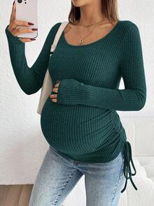 SHEIN Camiseta de manga larga acanalada con cordón y fruncido para maternidad - Verde Oscuro - Ver 3