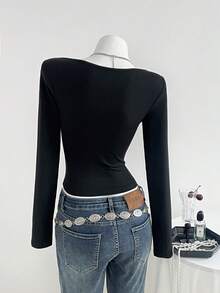 Elamini Camiseta ajustada de manga larga con cuello cuadrado, volantes a cuadros, parches y lazo decorativo para mujer - Multicolor - Ver 2