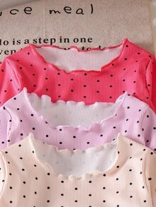 SHEIN Playful Pals 女婴波尔卡圆点印花荷叶边圆领长袖T恤和裤子休闲装 - 彩色 - 查看 7
