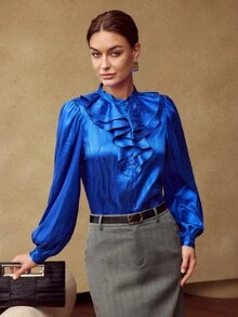 MOTF PREMIUM JACQUARD LANTERN SLEEVE JABOT COLLAR SHIRT - Blue - View 7