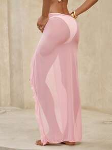 SHEIN X Lily May Mac SHEIN Swim Summer Beach Women 3D Floral Decorated Side Slit Hem Cover Up Skirt With Ruffle Trim And Lock Stitching - Pink - View 3