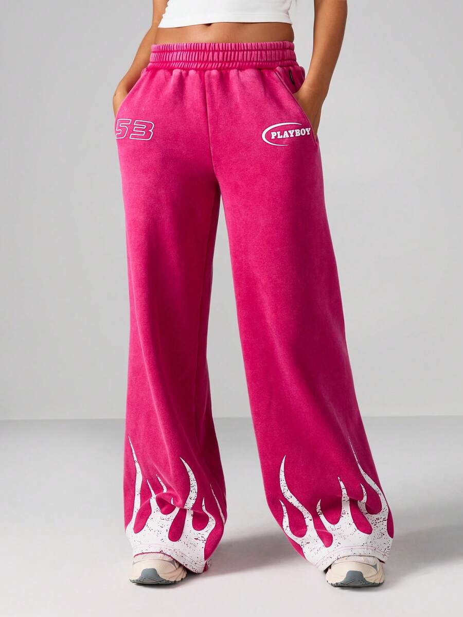 Missguided x Playboy Quần nỉ ống rộng phong cách retro Y2K cỡ lớn in họa tiết ngọn lửa thời trang lễ hội mùa thu đông Quần dài thường ngày cạp chun mặc ngoài đường phố - Hồng - Xem 1