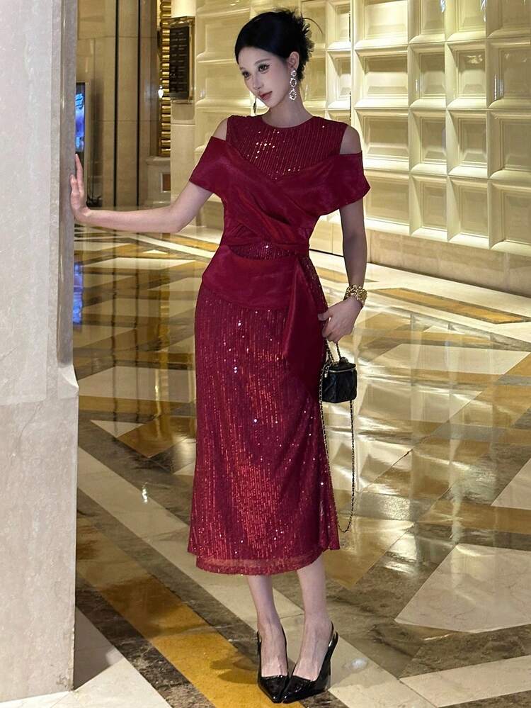 Women's Solid Color Sequin Patchwork Wrap Elegant Short Sleeve Dress Red Women Dresses Prom Dress Christmas New Years Women Outfit Carnival Sparkly Dress Cocktail Dress