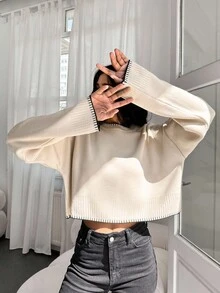 EURMUSE Solid Drop Shoulder Sweater - Beige - View 5