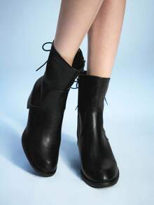 Sugerpunk 女式黑色复古尖头粗跟踝靴，系带，侧拉链 - 黑色 - 查看 6