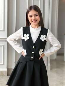 Conjunto de moda para niña preadolescente con chaleco de una hilera con decoración floral, camiseta de manga larga con cuello alto sólido y falda mini plisada