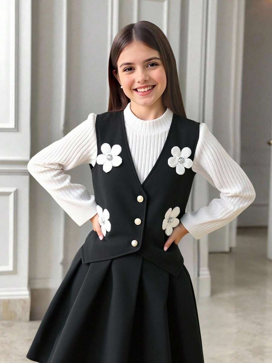 Conjunto de moda para niña preadolescente con chaleco de una hilera con decoración floral, camiseta de manga larga con cuello alto sólido y falda mini plisada