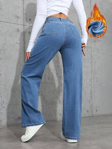 SHEIN ICON 秋冬高腰直筒休闲牛仔裤 - 中等水洗藍 - 查看 2