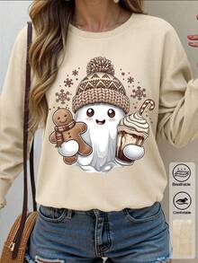 SHEIN LUNE Women's Crew Neck Long Sleeve Colorful Corduroy Sweatshirt With Ghost & Snowman Holiday Pattern, Suitable For Outdoor Wear, Holiday Gift Christmas - Apricot - View 1