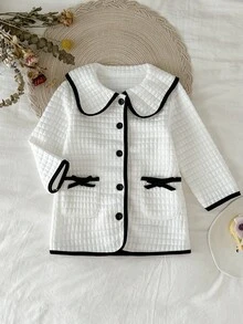 SHEIN 女婴休闲撞色装饰彼得潘领纽扣前襟夹克，秋季 - 米色 - 查看 6