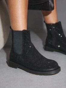 CUCCOO SZL Women's Round Toe Thick Sole Fashionable British Style Black Full Rhinestone Luxury Personalized Chelsea Boots, Boots, Motorcycle Ankle Boots