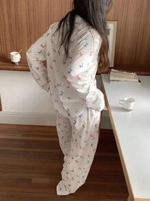 DAZY Bow All-Over Print Women Pajama Set Fall Winter Clothes - Apricot - View 2