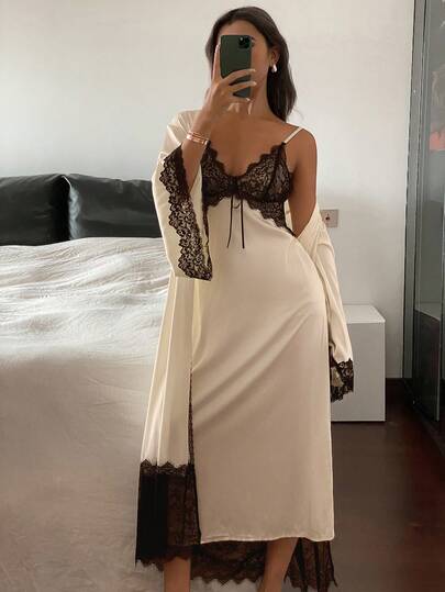 DAZY Conjunto de pijama para mujer: Bata con cinturón de encaje de color contrastante y camisón de dormir de otoño e invierno