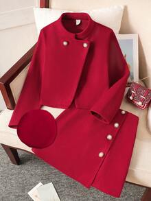 Emery Rose Kids Emery Rose Kids 少女优雅休闲通勤上学翻领纽扣短款外套及配套A字迷你裙套装，酒红色，适合圣诞节、新年及日常穿着 - 酒紅色 - 查看 2