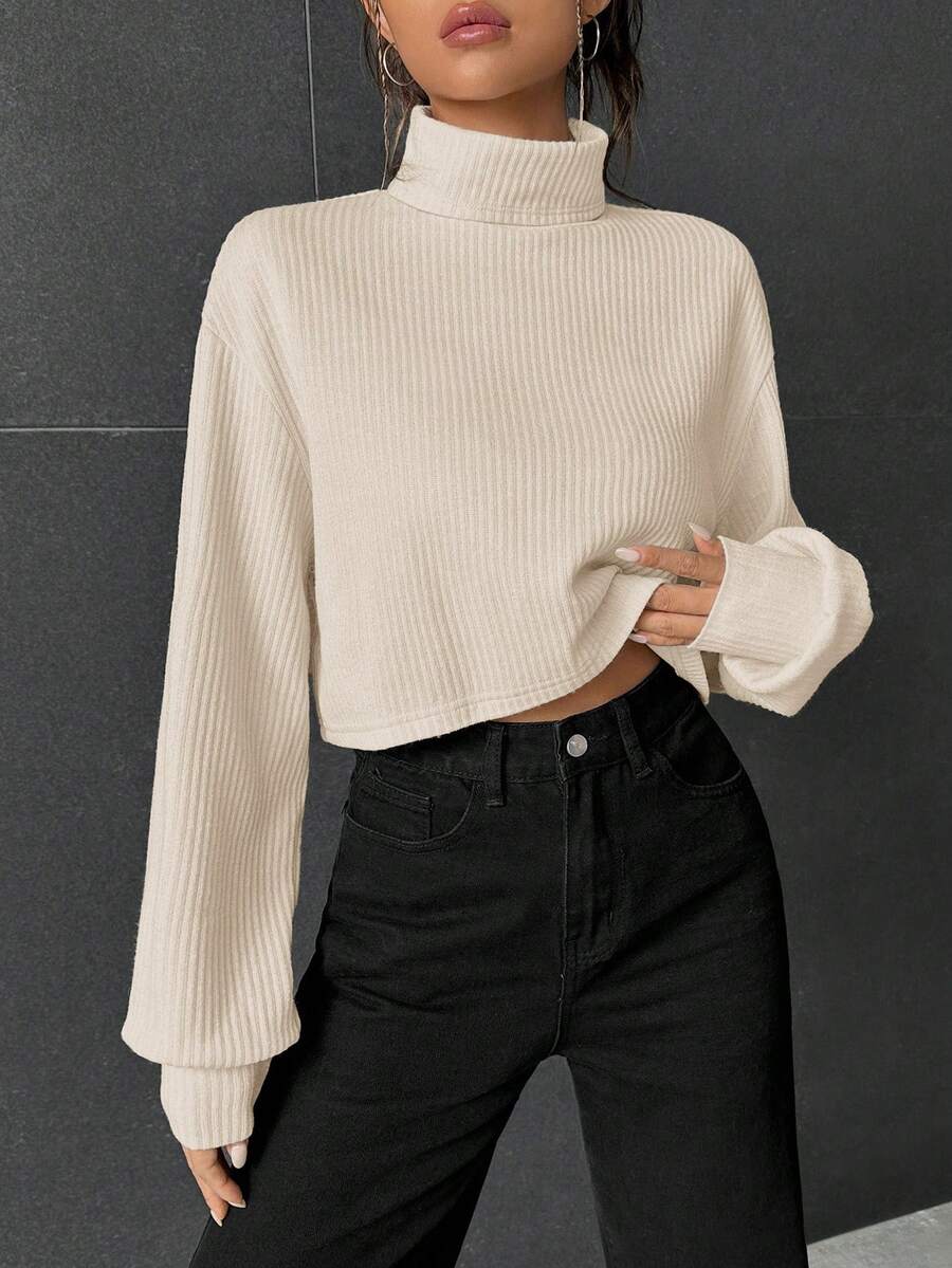 SHEIN EZwear SpringTurtleneck Drop Shoulder Ribbed Knit Lantern Sleeve Crop Tee Turtle Neck Top Ribbed Top High Neck Tops Winter Tops Crop Sweater Rib Knit Top Ribbed Knit Top - Beige - View 1