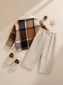 SHEIN 2pcs/Set Toddler Boys' French Retro Thickened Long Sleeve Brown Plaid Jacket And Pants Outfit,Autumn Cute Modest Family Matching Outings School Set - Multicolor - View 4