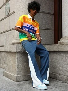 PAVTROS Jeans a vita alta con gamba ampia, vestibilità morbida, con patchwork a contrasto di colore, che valorizza la figura, adatti per tutte le stagioni