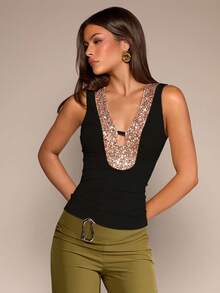 Glamine 亮片优雅复古浪漫百搭通勤休闲衬衫，适合音乐节秋季女装返校 - 黑色 - 查看 5