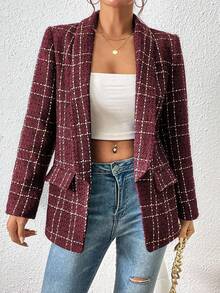Chiquease Áo khoác blazer nữ tay dài ve kẻ caro thường ngày đi làm, mùa thu - Màu Đỏ Sâu - Xem 5