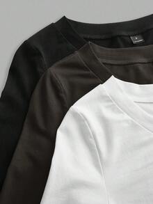 Tseoso 3 件装百搭黑、白、灰色 V 领褶皱腰长袖修身休闲 T 恤女上衣，95% 纯棉 - 彩色 - 查看 9