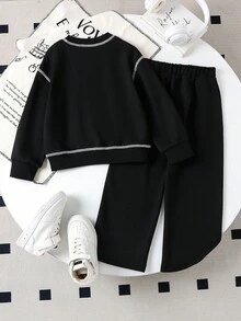 SHEIN 2件套女童黑色刺绣长袖圆领卫衣套装，卡通可爱儿童服装，秋冬款 - 黑色 - 查看 2