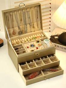 1PC 3 Layer Faux Leather Jewelry Box Necklace Earring Organizer Gold Large Capacity Storage With Lock Soft Lined Drawer Valentine Gift For PC - Multicolor - View 2