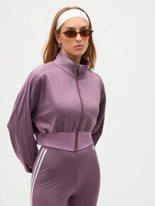 Eassivo Eassivo Women's Mauve Purple Zip-Up Track Jacket, Loose Fit Cropped High Neck Sports Top, Long Sleeve Stretch Athleisure Outerwear - Purple - View 6