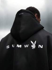 PLAYBOY X SUMWON Crop Fit Full Zip Hoodie With Drawstring Hood And Centre Pocket For Casual Street Style Winter Comfort - Black - View 1