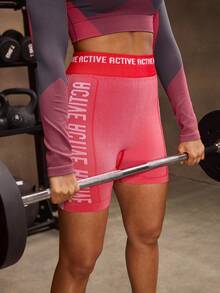 Powerista Quần short tập thể dục cạp cao in chữ cho nữ - Đỏ - Xem 7