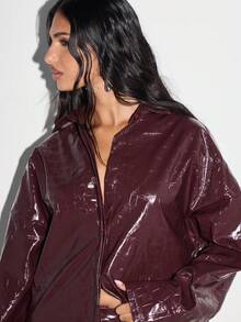 KIZN Áo sơ mi da bóng họa tiết cá sấu cỡ lớn tay dài thời trang thu đông, áo khoác cài nút dự tiệc - Màu Đỏ Sâu - Xem 5