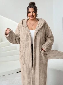 SHEIN CURVE+ Plus Size Women's Plus Size Hooded Long Sleeved Jacket, Suede Jacket, Suitable For Autumn And Winter - Khaki - View 5