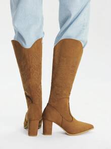 Styleloop Botas altas de tacón grueso con punta puntiaguda y flecos de gamuza para mujer, botas vaqueras de ajuste ceñido para Halloween, Navidad, atuendos de fiesta, otoño