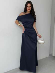 Firerie 女士绿色优雅不对称肩部褶皱鱼尾连衣裙，适合约会、度假、婚礼、活动、返校、毕业典礼、正式伴娘礼服、婚礼宾客礼服等场合。 - 藏蓝色 - 查看 4