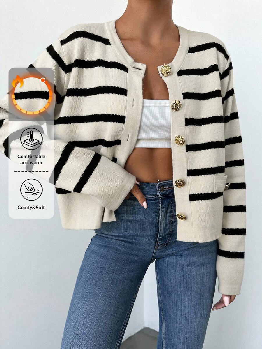 EURMUSE Striped Pattern Button Front Cardigan - Multicolor - View 1